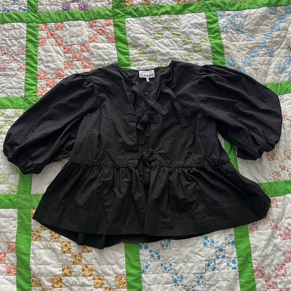Ganni black balloon sleeve tie cotton top